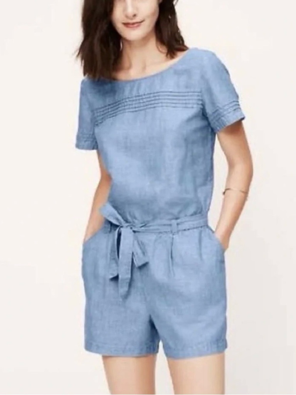 LOFT Chambray Denim Tie Waist Linen Cotton Romper